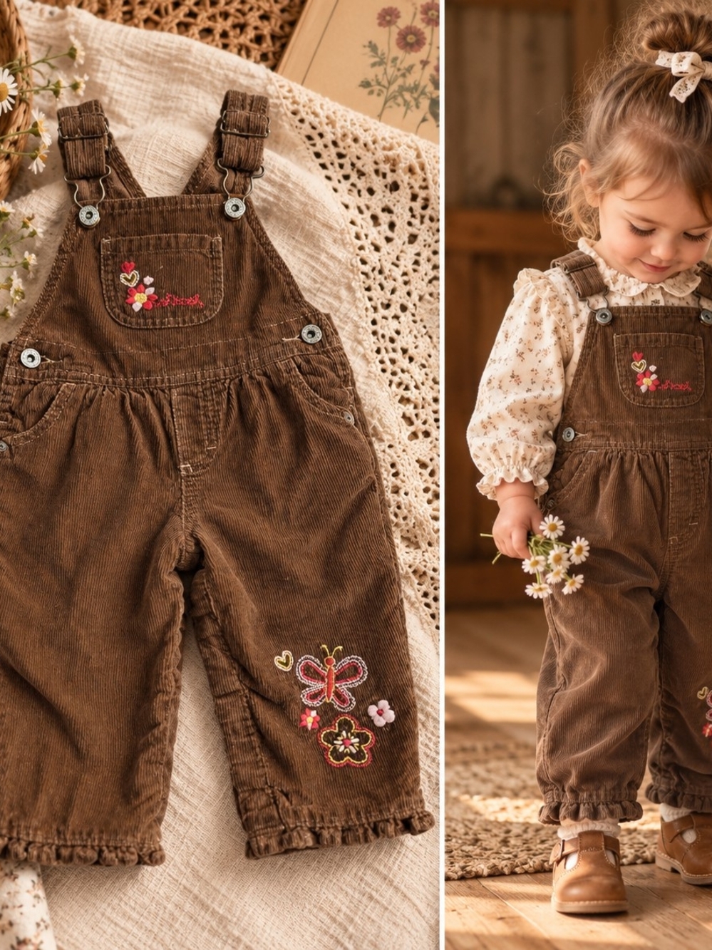 OshKosh B'gosh Brown Corduroy Overalls with Floral & Butterfly Embroidery
